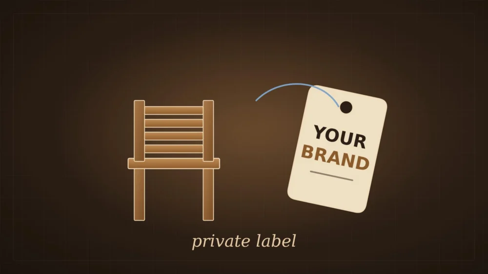 A wooden chair next to a hang tag reading Your Brand