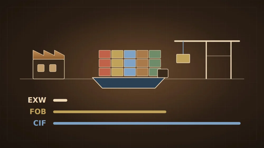 A factory, a loaded container ship and a port crane above three bars showing EXW, FOB and CIF coverage